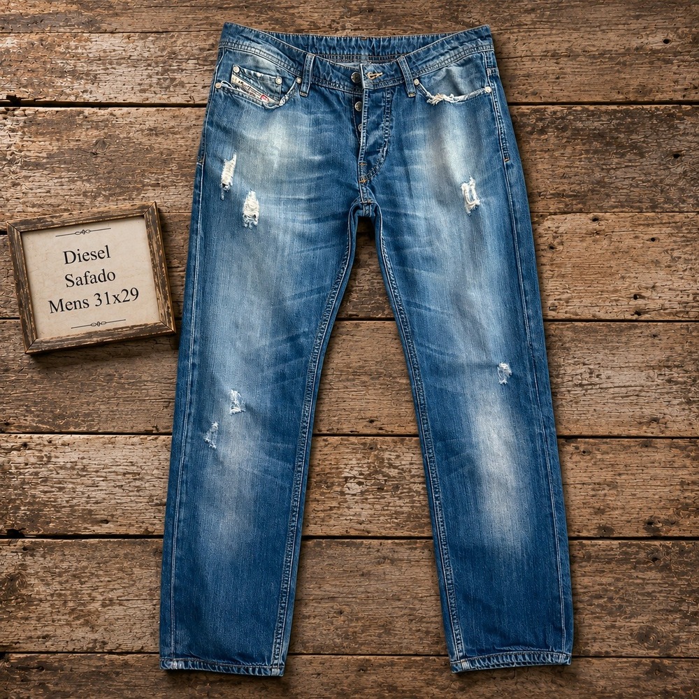Diesel Safado Mens 31x29 Blue Distressed Slim Straight Leg Button Fly Jeans